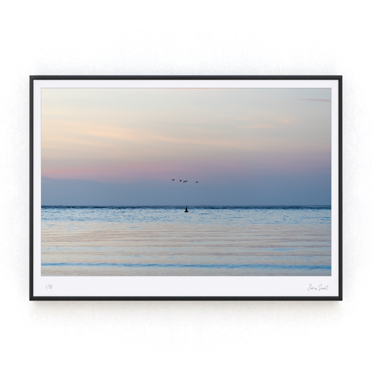Twilight sailing bouy with gulls in black frame James smart photography