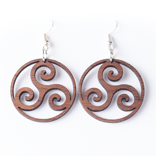 Handmade Triple Spiral Triskele Walnut Wiccan Wooden Earrings with Sterling Silver Fish Hooks Jewellery