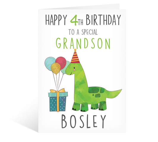 Cute Apatosaurus Dino Happy 4th First Birthday Baby Boy Card