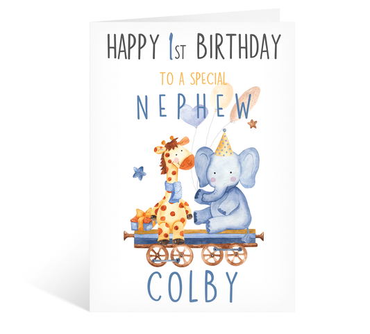 Cute Safari Animals Train Happy 1st First Birthday Special Nephew Baby Boy Card
