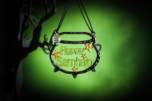 Happy Samhain Cauldron Hanging Wooden Decoration
