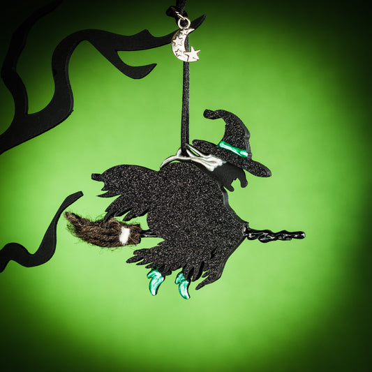 Black Witch Hanging Wooden Decoration with green Trim