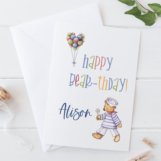 Personalised Happy Birthday Bear-thday Card for Girl or Boy