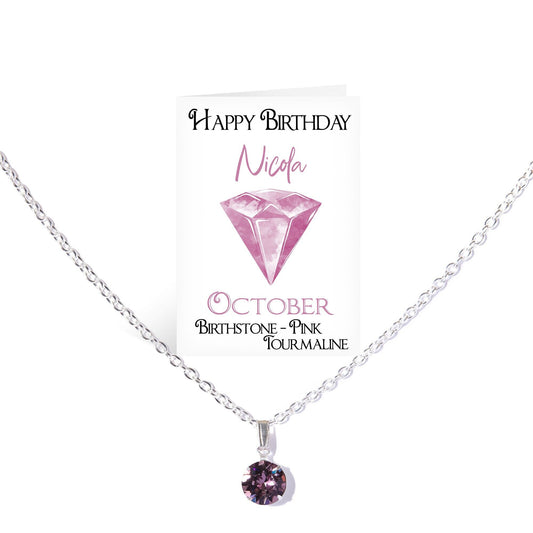 October Pink Tourmaline Swarovski Crystal Silver Plated Jewellery Necklace with Personalised Card,