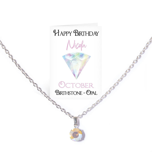 October Opal Swarovski Crystal Silver Plated Jewellery Necklace with Personalised Card