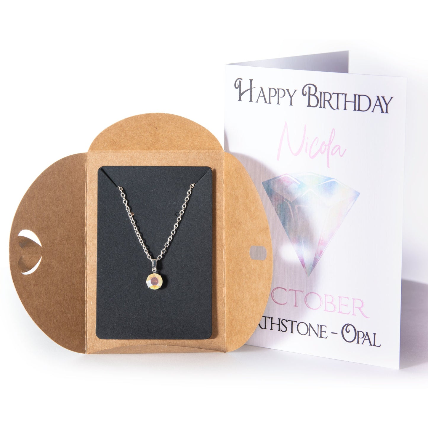 October Opal Swarovski Crystal Silver Plated Jewellery Necklace with Personalised Card