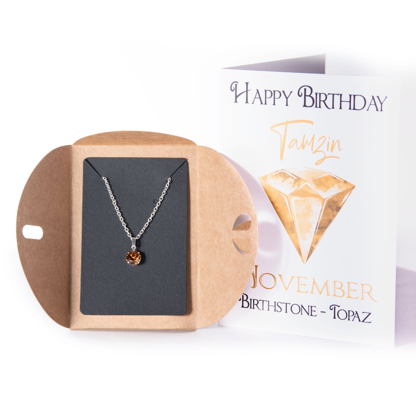 November Topaz Swarovski Crystal Silver Plated Birthstone Necklace Jewellery with Personalised Card