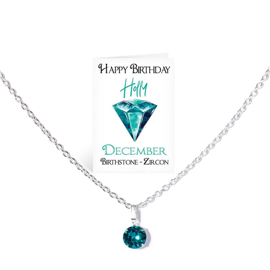 December Blue Zircon Swarovski Crystal Silver Plated Birthstone Necklace Jewellery with Personalised Card