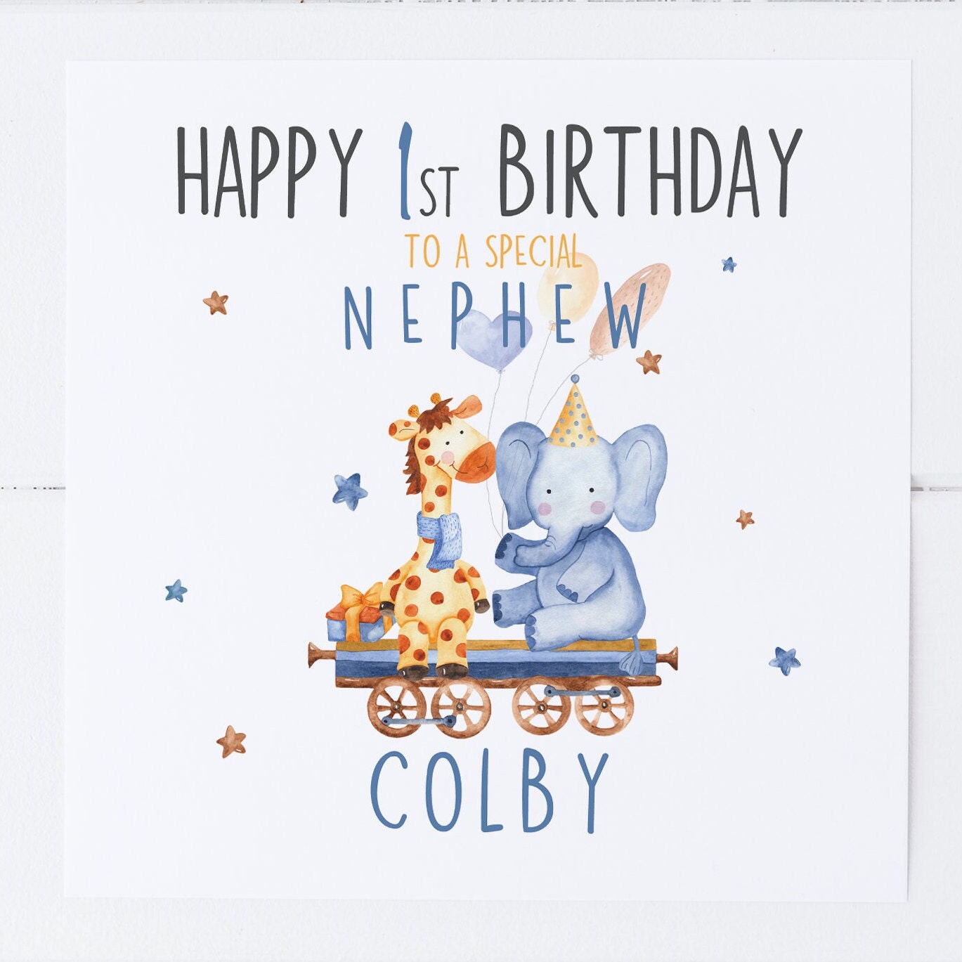 Personalised Cute Safari Happy 1st First Birthday Nephew Greeting Card