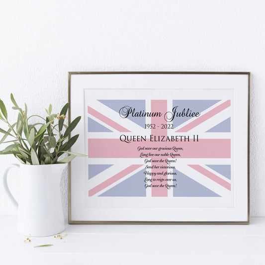 Platinum Jubilee Queen Elizabeth 1952 - 2022 with British National Anthem Print