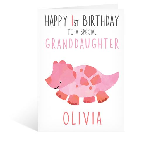 Cute Triceratops Dino Happy 1st First Birthday Granddaughter  Baby Girl Card