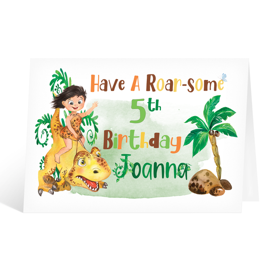Personalised Dinosaur Happy 5th Birthday Girl Roar-some Card
