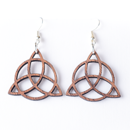 pair Celtic knot triquetra wooden earrings white bg